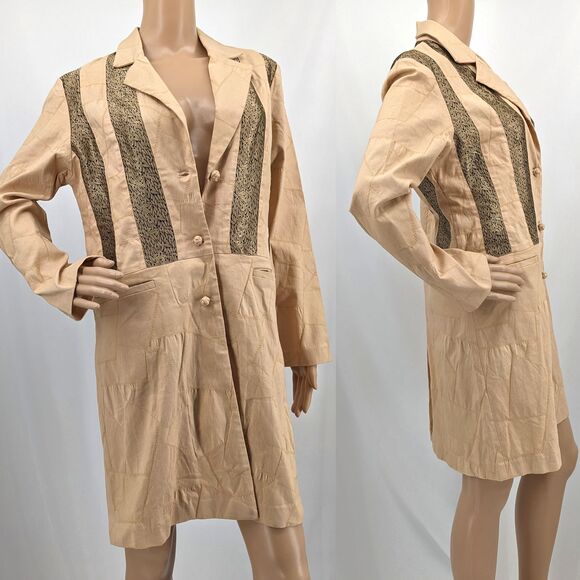 NWT Vintage 1990s Silk Box Longline Jacket Cream Patchwork Trench Gold Size 6 - Picture 3 of 15